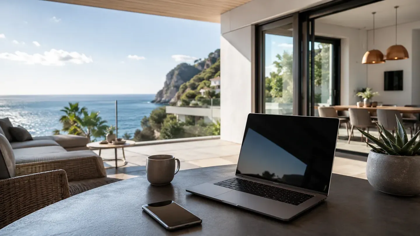 Laptop i pametni telefon na terasi apartmana s pogledom na more kao simbol online rezervacija.