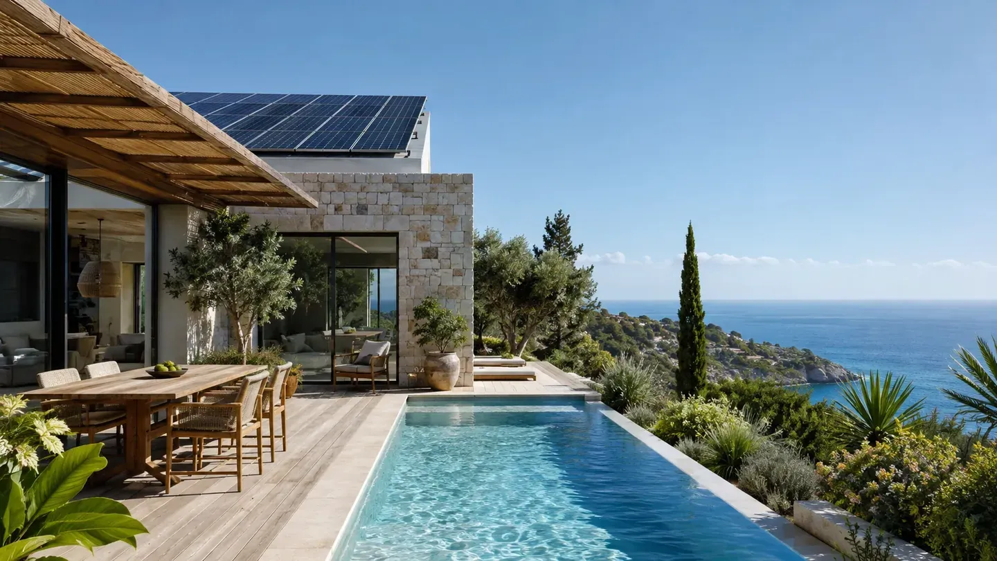 Moderna vila s bazenom, mediteranskim zelenilom i solarnim panelima kao primjer održivog turističkog smještaja.